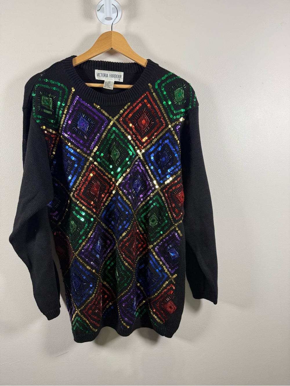 Victoria Harbour Black Crewneck Sweater with Multicolor Sequin Diamond Pattern
